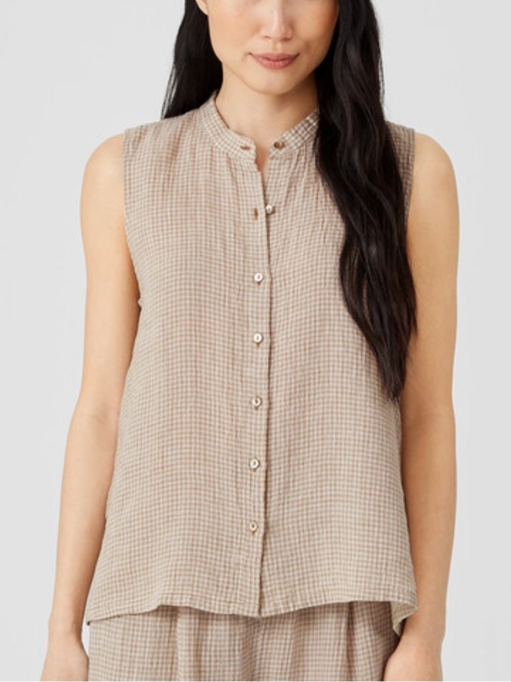 Eileen Fisher Puckered Organic Linen Sleeveless Shirt Button Up Gingham Tan Sz S